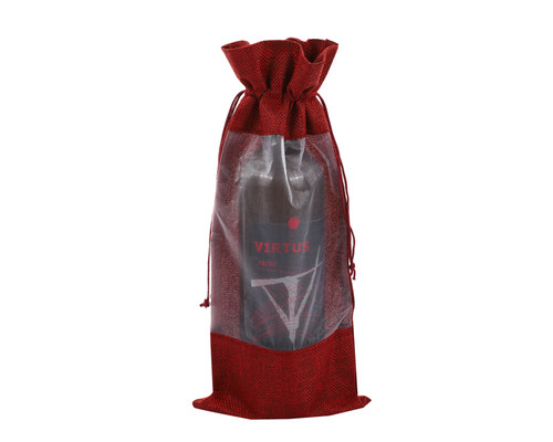14.5" Wine Linen Bottle Gift Holder Bag with Front Clear Window - Set of 12 Bags