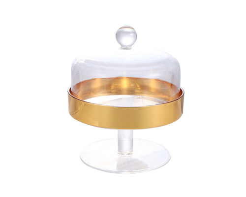 7 3/4" x 7" Acrylic Gold Trim Pastry Display Cake Stand with Dome Cover - Set of 1