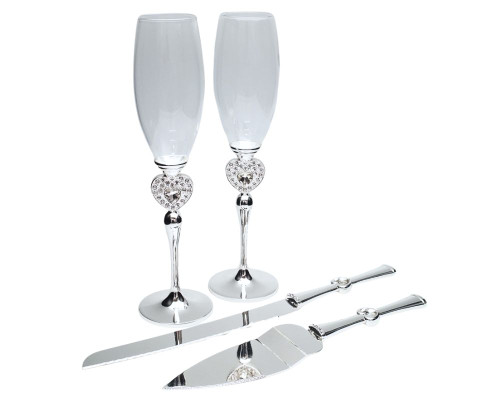 Silver Stainless Steel Rhinestone Heart Wedding Flute with Cake Server and Knife Set - Set of 4