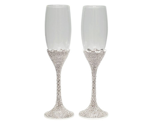 Silver Rhinestone Scalloped Rim Wedding Flutes - Set of 2 Toasting Glasses