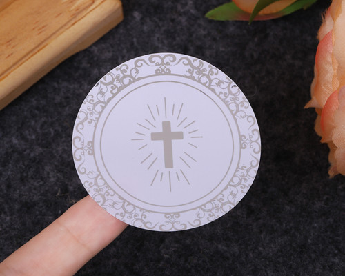 2" Round Silver Cross Swirls Religious White Stickers Seal - Pack of 48