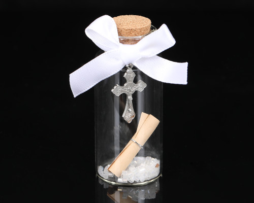 2.5" Glass Silver Religious Cross Message in a Bottle Favor - Pack of 12 Wishing Jars