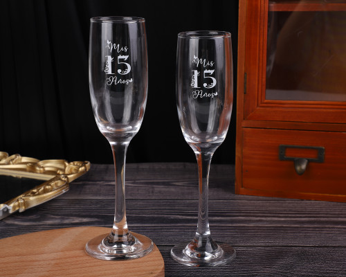 8.5" Clear Glass Quinceanera Butterfly Design Champagne Flutes - Pack of 6