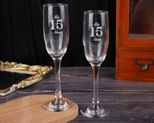 8.5" Clear Glass Quinceanera Floral Design Champagne Flutes - Pack of 6