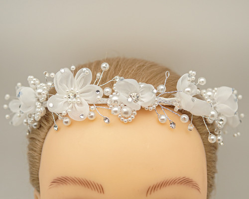 White First Communion Headpiece Rhinestone Organza Flower Wreath - Pack of 8