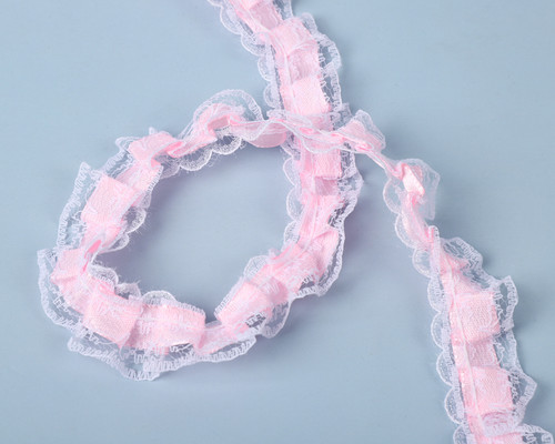 1/2" x 50 Yards Pink White Ruffled Lace Trim