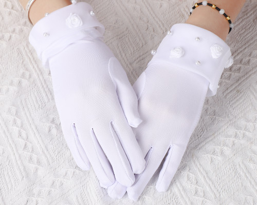 White Rose Buds Faux Pearl Kid Wrist Length Gloves - Pack of 12 Pairs