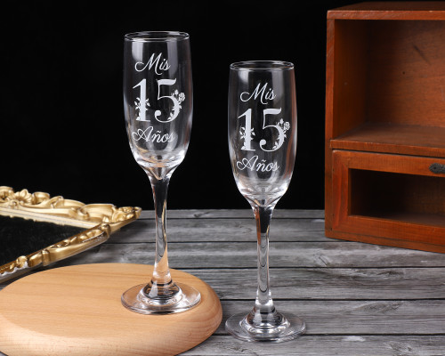 8.5" Clear Glass Quinceanera Rose Design Champagne Flutes - Pack of 6