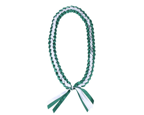 47" Hunter Green/White Braided Satin Ribbon Graduation Lei - Pack of 6