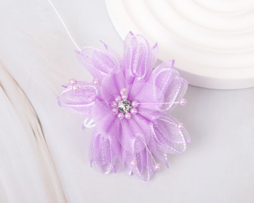 2 1/4" Lavender Organza Rhinestone Pearl Center Circular Petal Flower - Pack of 12