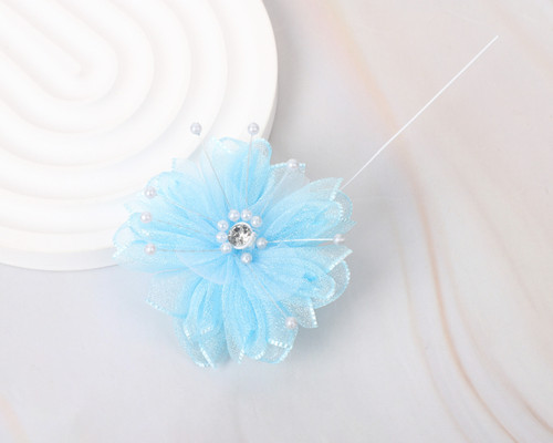2 1/4" Blue Petal Layered Organza  Rhinestone Pearl Center Flower - Pack of 12