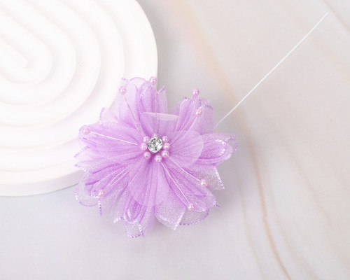 2 1/4" Lavender Petal Layered Organza  Rhinestone Pearl Center Flower - Pack of 12