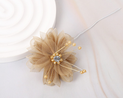 2 1/4" Tan Petal Layered Organza Rhinestone Pearl Center Flower - Pack of 12