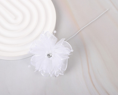 2 1/4" White Petal Layered Organza  Rhinestone Pearl Center Flower - Pack of 12