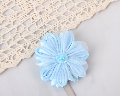 2 1/4" Blue Organza Silk Pearl Center Flower - Pack of 12