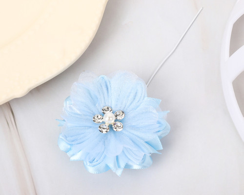 2 1/4" Blue Organza Silk Pearl Rhinestone Center Flower - Pack of 12