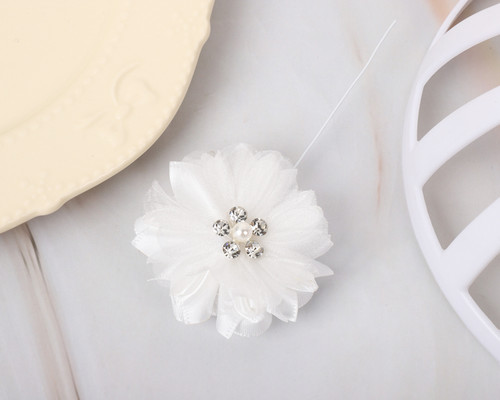 2 1/4" Ivory Organza Silk Pearl Rhinestone Center Flower - Pack of 12