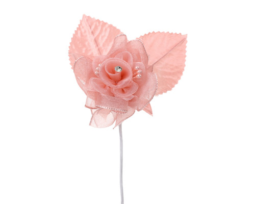 2 1/2" Blush Organza Rhinestone Center Pearl Single Rose Flowers - Pack of 12