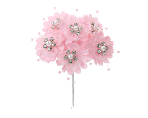 1 3/4" Pink Silk Organza Flower Pearl Spray Rhinestones - Pack of 72