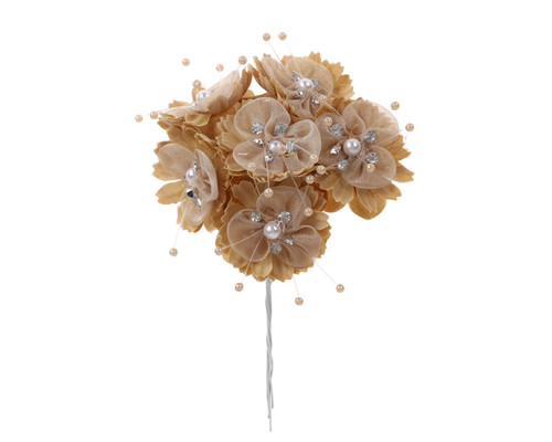 1 3/4" Tan Silk Organza Flower Pearl Spray Rhinestones - Pack of 72