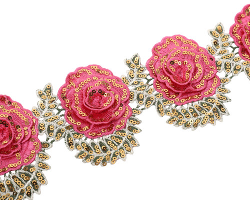 3 3/4" x 5 Yards Fuchsia Rose Leaves Gold Sequin Trim