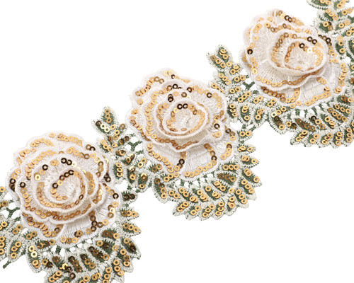 3 3/4" x 5 Yards White Rose Leaves Gold Sequin Trim