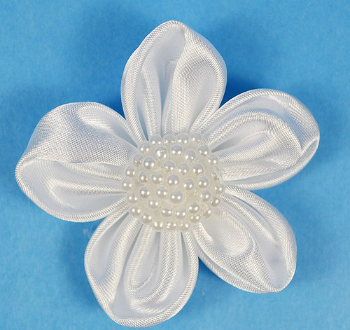 2.5" White Satin Flowers with Pearl - Pack of 12