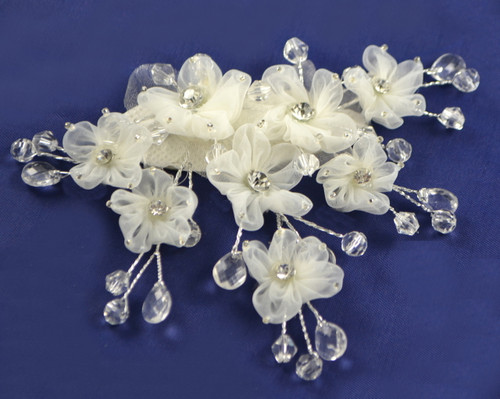 5" x 3.5" Ivory Organza Flower Sticker with Rhinestone and Beaded Spray - Pack of 12