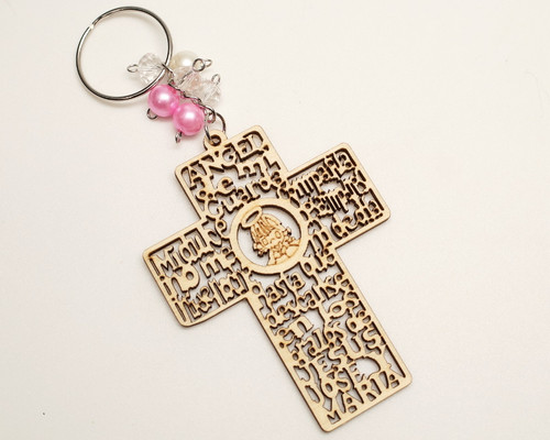 Pink Pearl Wooden Cross Girl Baptism Keychain - Pack of 12