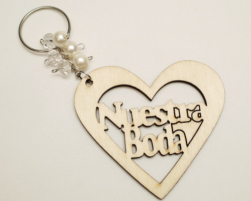 White Pearl Wooden Carved Nuestra Boda Keychain - Pack of 12