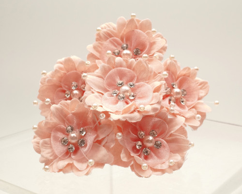 Hot Pink and Cream Artificial Flower with Organza Custom Light Pink and Hot Pink Acrylic Rhinestone Button