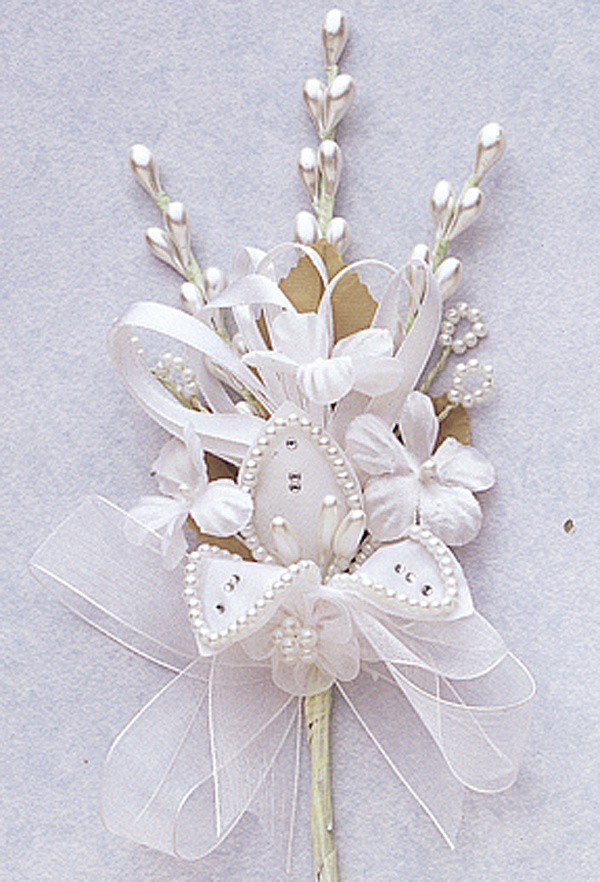 7" White Silk Corsage Flowers with Rhinestone Leaf Pack of 12 CB