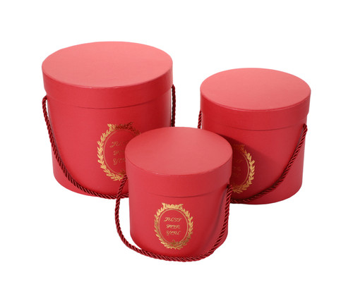 Red Round Nested Floral Cardboard Boxes with Handle - Set of 3 - CB ...
