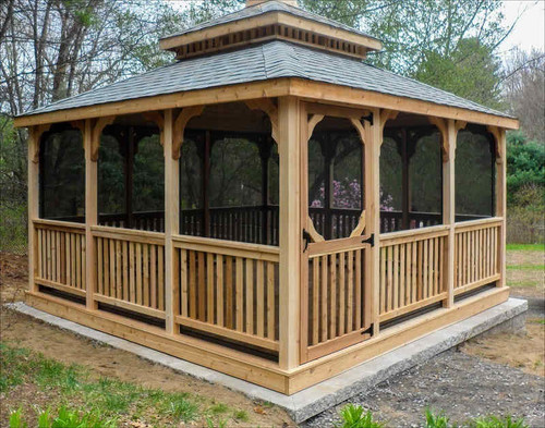 Screened in Western Red Cedar square gazebo kit with vented roof and floor (deck) Screened in Western Red Cedar square gazebo kit with vented roof and floor (deck)
