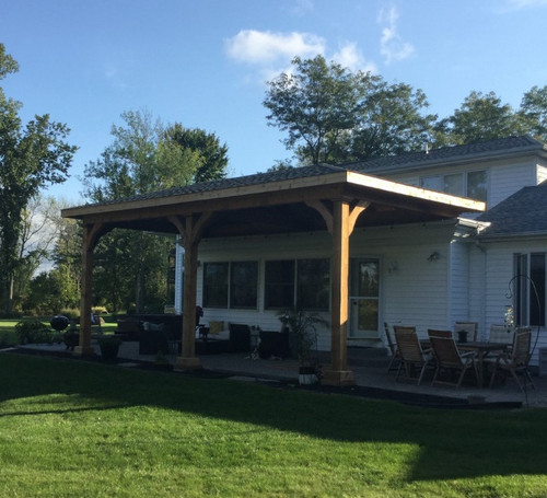 14x28 Roof-mounted Grand Cedar Hip Roof Patio Cover, Lockport, NY, with 30" Tall Posts Attached to a Flat Roof