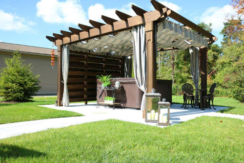 Highland Pergola Kit, recessed posts, curtains, shade, privacy wall Highland Pergola Kit, recessed posts, curtains, shade, privacy wall