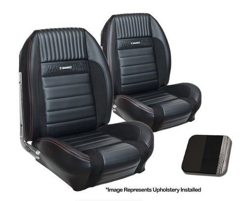 64-66 Ford Mustang Sitzbezüge - Deluxe Pony Sport-R - Anthrazit Schwarz - Vinyl/Alcantara - Weiße Naht - Vorne