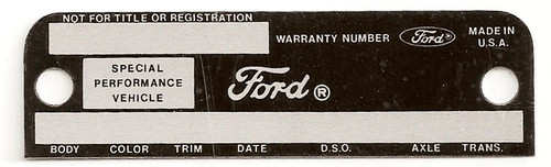 68-69 Ford Mustang Schild Fahrgestellnummer - Shelby Special Performance Vehicles