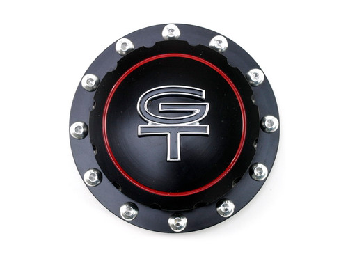 64-73 Ford Mustang Tankdeckel - Aluminium - GT Logo - Schwarz