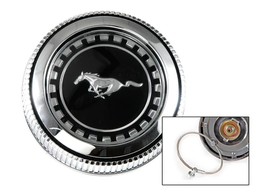 71-73 Ford Mustang Tankdeckel - mit Entlüftung - Chrom - Running Pony - mit Fangseil
