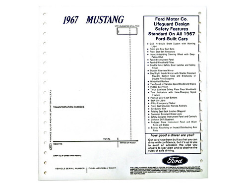 1967 Ford Mustang Service Aufkleber