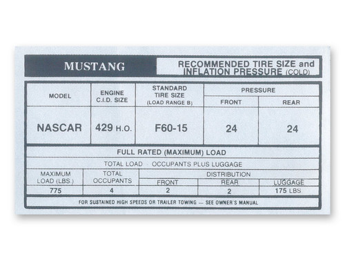 69-70 Ford Mustang Boss 429 Aufkleber für Reifendruck