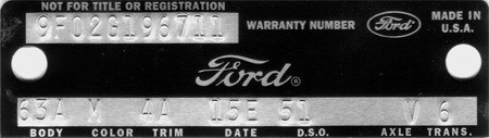 64-69 Ford Mustang Schild Fahrgestellnummer