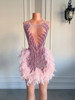  Sheer Pink Feather Short Prom Dress