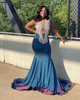 Sheer O-neck Navy Blue Prom Dress