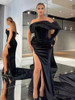  Off-Shoulder Black Velvet Maxi Dress