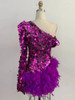 One Shoulder Purple Feather Mini Dress