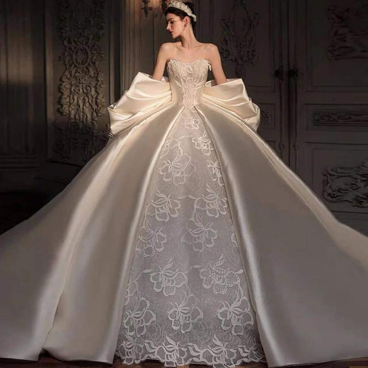 Sweetheart Neck Satin Wedding Dress with Big Bow Grrly Grrls