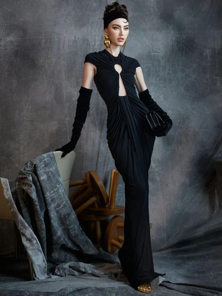 Noir Allure Mesh Ruched Maxi Dress Grrly Grrls - Main Image