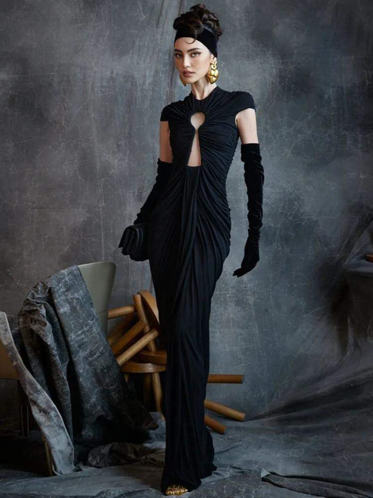 Noir Allure Mesh Ruched Maxi Dress - Grrly Grrls